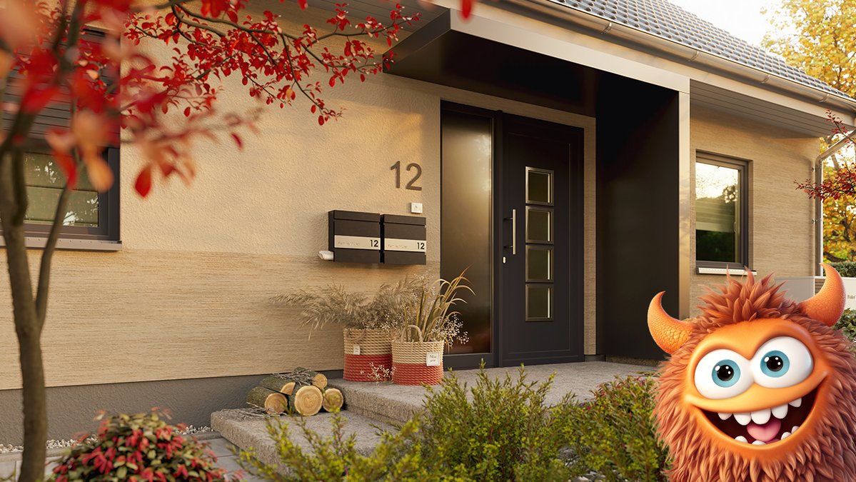 Powi der Ratenfresser vor dem Mitwachshaus Flair 148 mit Blick auf Haustür