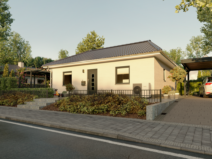 Bungalow 78 mit heller Putzfassade und Vorgarten bei Tag Bungalow 78 in moderner Putzoptik mit Carport, Vorgarten und gepflastertem Zugang, aufgenommen von der Straßenseite bei Tageslicht ohne Verschattung.