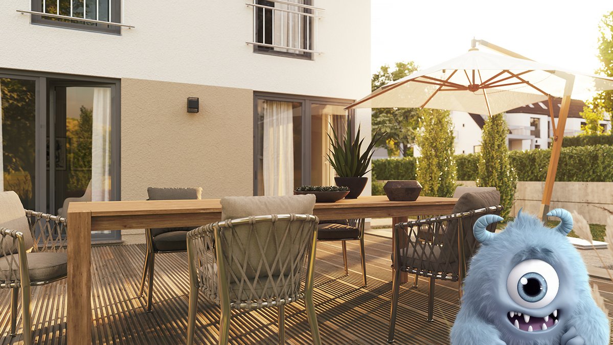 Ratenfresser Tiny auf der Terrasse im Garten des Flair 152 RE